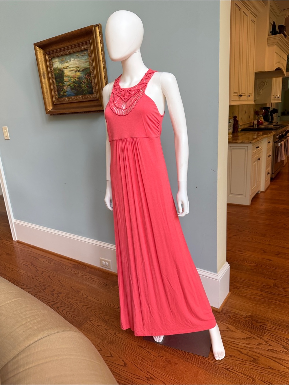 Women's Coral Maxi Dress with crochet Neckline